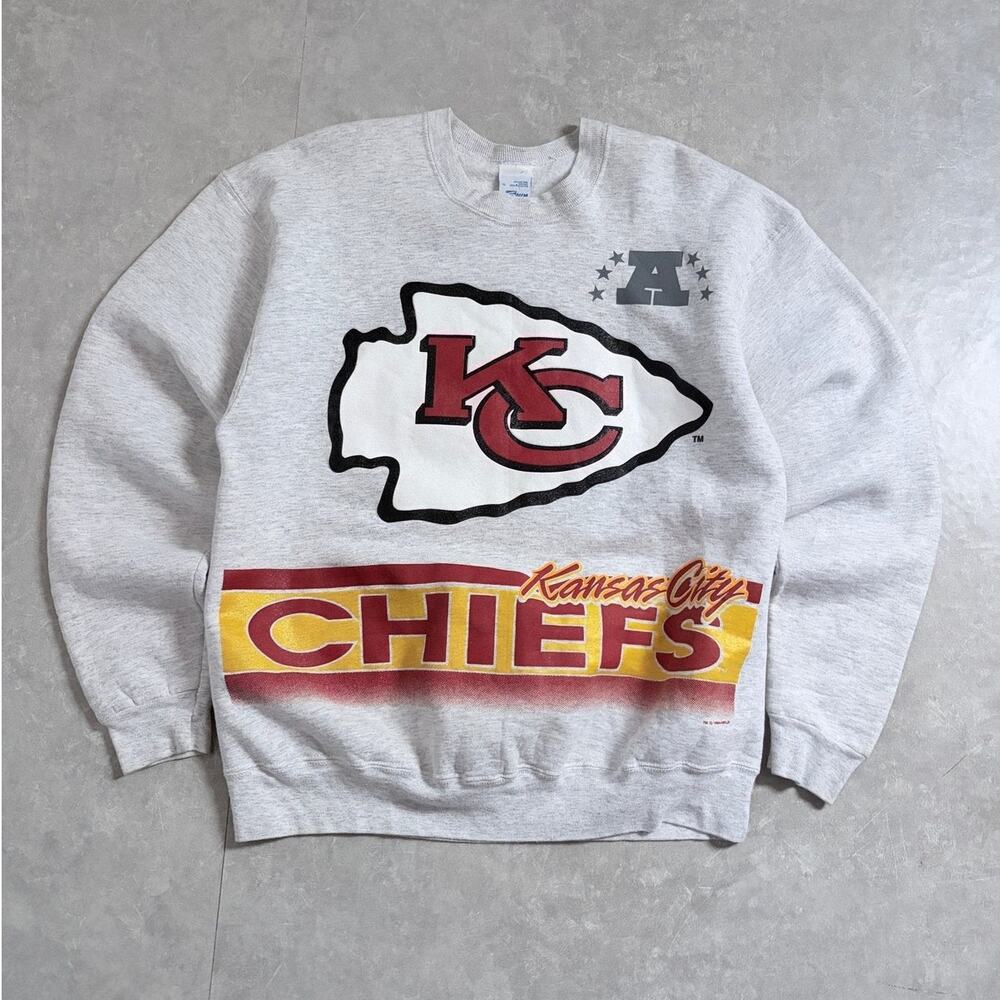 90s Vintage Kansas City Chiefs Wrap Around Heather Grey Crewneck -XL